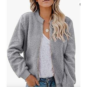 MIROL Women's Light Grey Sherpa Fleece Jacket Fuzzy Casual Zip Up Bomber Coat, L